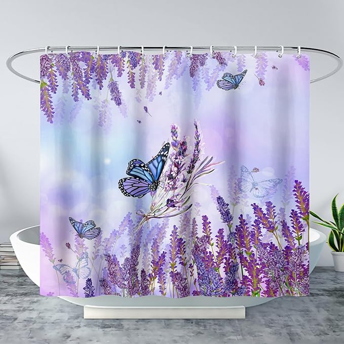 AILONEN Flying Butterfly Shower Curtain for Girl Women,Purple Lavender Flower Butterfly Floral Decor Bath Curtain 48" W*72" H Polyester Fabric Waterproof Bathroom Bathtub Curtain with 12 Hooks