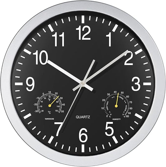 AYRELY® 12 inch Silent Wall Clock with Temperature & Humidity – Battery Operated Decorative Clock for Home, Kitchen, Bedroom (Black, 12 inch)