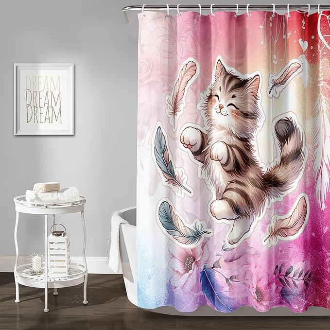 AILONEN Cartoon Cat Shower Curtain,Kawaii Dance Kitten and Feathers Bathroom Curtain Set for Kids Boys,Cute Animal Kittens Waterproof Shower Curtain for Bathroom, 48" W*72" H Pink
