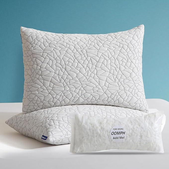 Dafinner Adjustable Shredded Memory Foam Pillows Standard/Queen Size - 100% Removable Cover from Bamboo Derived Rayon, Cooling Medium Bed Pillows for Side Stomach & Back Sleepers - Pack of 2, 20"x28"