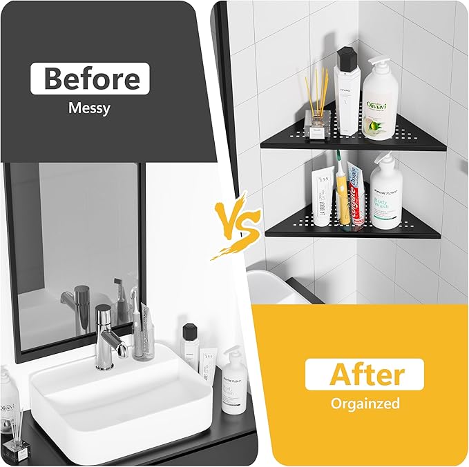 Neodrain 12 Inch Matte Black Corner Wall Shelf Set of 2, Floating Corner Shelves for Wall, 304 Stainless Steel Wall Storage Shelves for Bathroom,No Drilling