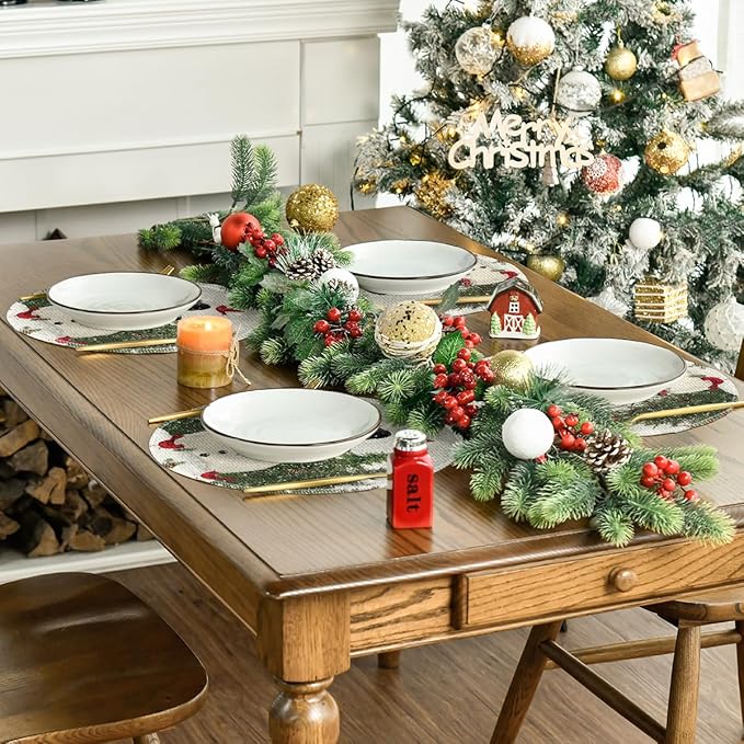 Artoid Mode Snowman Trees Snowflakes Christmas Round Placemats Set of 4, 14 Inch Grey Winter Round Table Mats for Dining Decoration