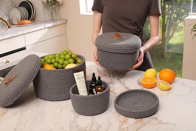 Cottonphant Set of 3 Stylish Round Woven Baskets with Lids - Elegant Storage Solution for Home Decor and Organization - Compact Shelf Baskets (Dark Grey, 10"x6"-8"x5"-6"x4")