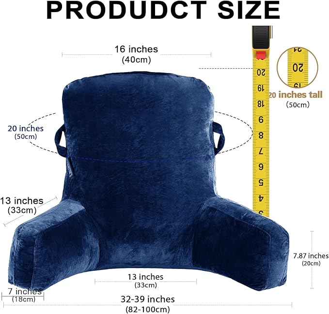SLIGUY Reading Pillow Standard Bed Pillow for Sitting in Bed Couch or Floor-Backrest with Arms Support and Pockets, Adult Back Pillow Bed Chair for Bed Rest, Reading, Watching TV, Gaming, Blue