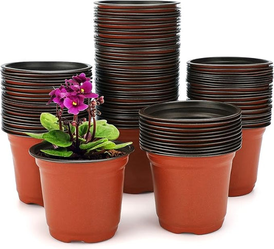 KINGLAKE 100 Pcs 4" Plastic Plants Nursery Pot/Pots Seedlings Flower Plant Container Seed Starting Pots,4 Inch,Red