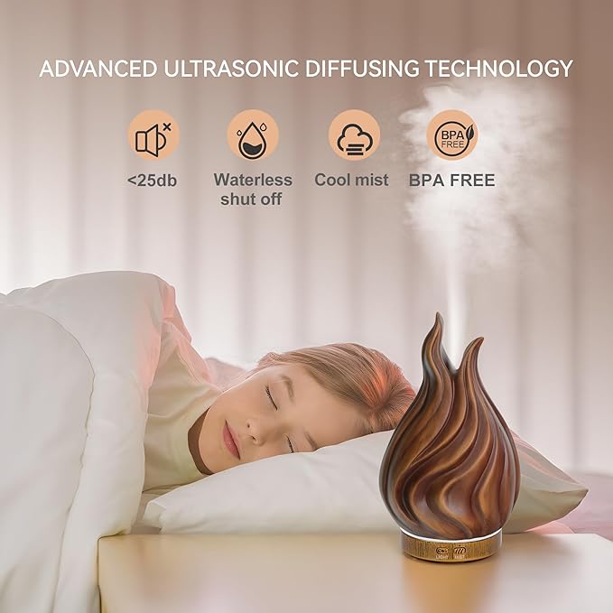 200ml Essential Oil Diffuser for Home, Wood Grain Cover Aromatherapy Diffuser, Cool Mist Humidifier with Safe Auto Shut-Off and 2 Mist Modes & 7 Color LED Night Lights for Office Room (VASE02)