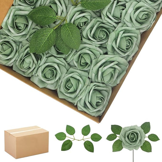 200PCS Elf Green Artificial Flowers Roses Real Looking Foam Fake Roses with Leaves for DIY Wedding Bouquets Bridal Shower Party Decorations (Elf Green, 200)