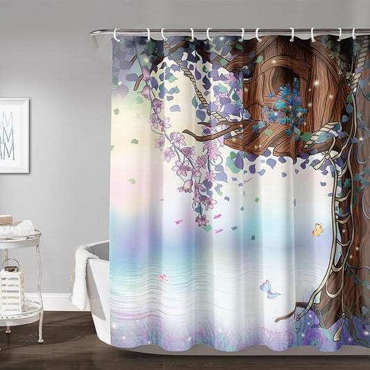 AILONEN Purple Tree Leaves Shower Curtain,Botanical Floral Plants Vine Shower Curtain,Butterfly Floral Shower Curtain for Bathroom Decor Polyester Waterproof with Grommets and Hooks 48" W*72" H