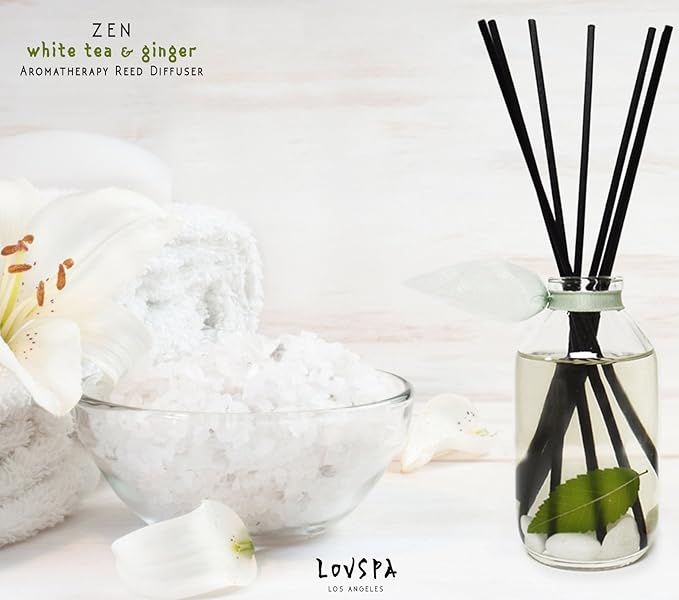 LOVSPA Zen White Tea & Ginger Reed Diffuser Set - Citrus, Geranium & Sandalwood Scent Diffuser - Non-Toxic Oil Reed Diffuser - Made in The USA