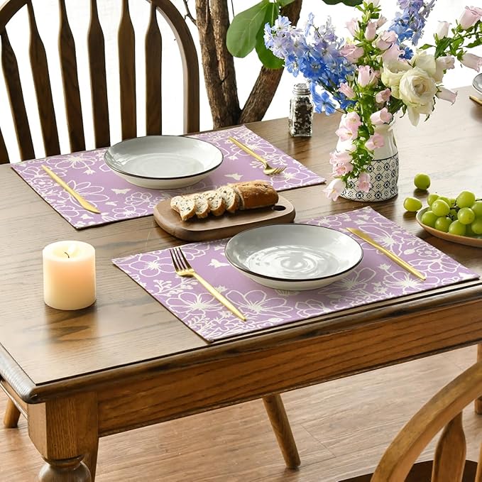 Artoid Mode Purple Flowers Floral Butterflies Spring Placemats Set of 4, 12x18 Inch Seasonal Table Mats Party Kitchen Dining Decoration