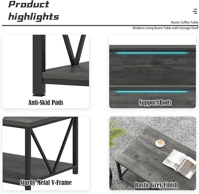 EXCEFUR Coffee Table, Rustic Wood and Metal Living Room Table, Industrial Rectangle Center Table with Storage Shelf, 47 Inch Grey