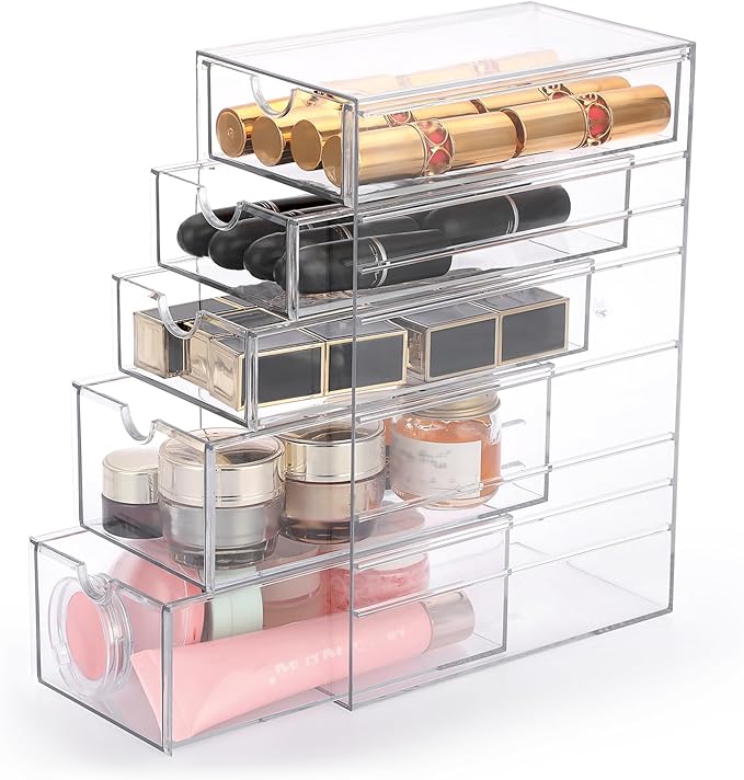 Hipiwe 5-Drawers Plastic Storage Organizer, Clear Hair Accessories Organizer with Large Capacity for Bathroom, Dresser, Cosmetic Hair Tie Container for Girls Women
