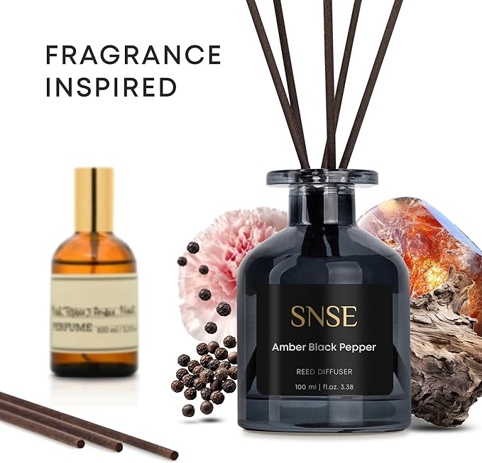 SNSE Amber Black Pepper Reed Diffuser Set | 3.38 oz Scent Fragrance Oil Diffuser for Bedroom, Bathroom, Home Décor and Gift, Decorative Air Fresheners with Sticks