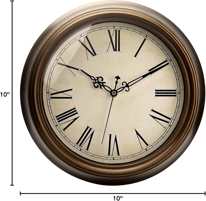 Plumeet Small Metal Wall Clock, 10'' Non Ticking Classic Retro Silent Iron Clocks Decorative Kitchen Living Room Bedroom, Roman Numerals, Battery Operated