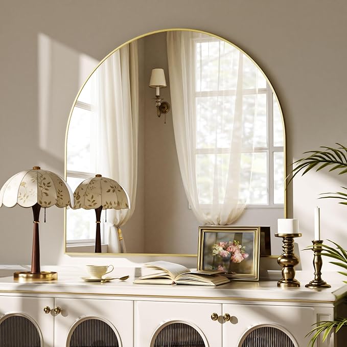 Arched Wall Mirror, 31 x 32 inch Arch Bathroom Mirror, Wall Mounted Vanity Mirror with Arch Metal Frame, Modern Bathroom Vanity Mirror for Bedroom, Living Room, Hanging or Leaning, Gold