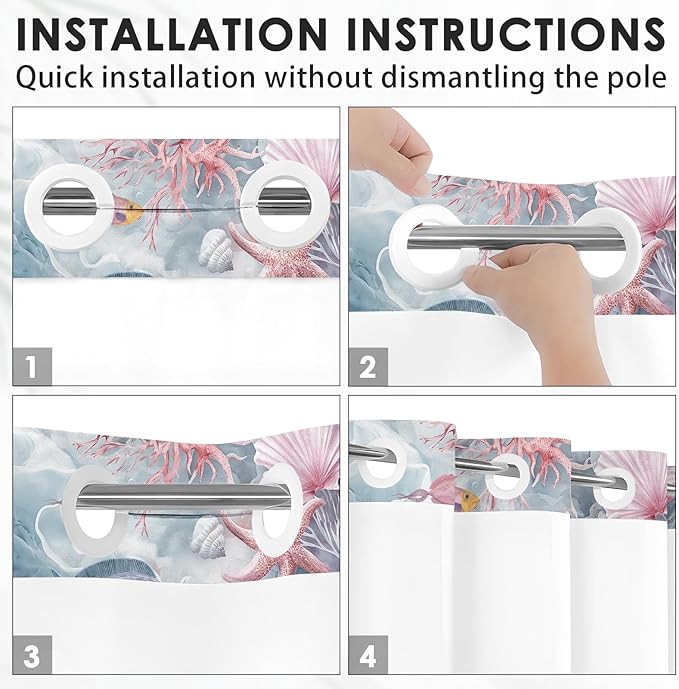 Sea Shells Coral No Hook Shower Curtain with Snap in Liner, Starfish Seashell Underwater Bath Curtain with Double Layers Waterproof Fabric and Mesh Top Window 71x74 Inch