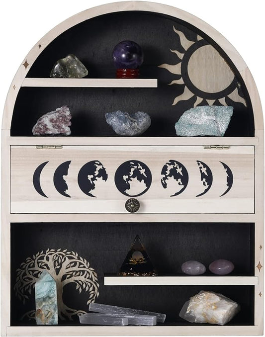 Ella & Emma Tree of Life Sun Crystal Shelf - Wall Hanging Crystal Display Shelf for Stones, Nail Polish, & Essential Oil Storage