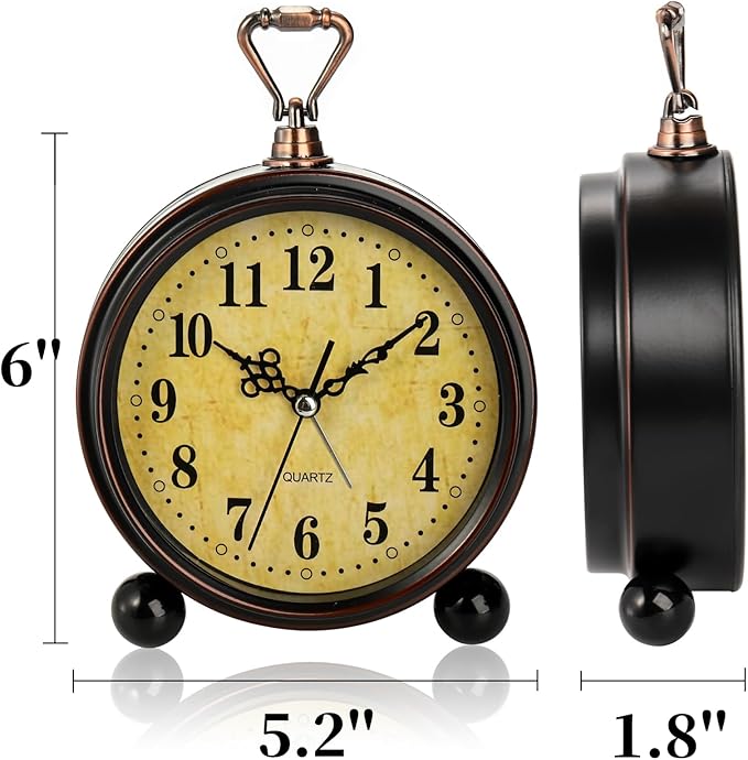 2 Pack Vintage Retro Analog Alarm Clocks, 5.2 Inch Silent Non Ticking Small Table Clock, Battery Operated Desk Clocks for Bedroom, Elegant Bedside Gift Clock for Living Room, Office, Room Decor