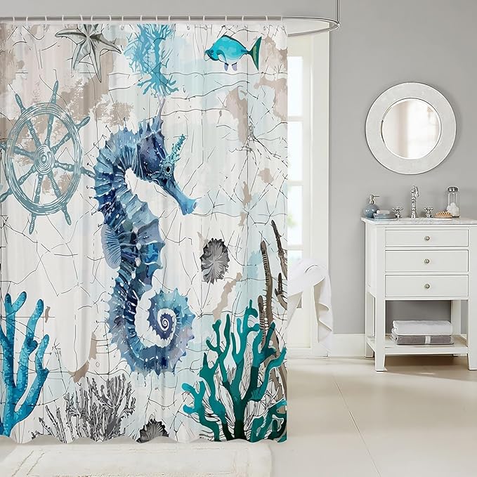Feelyou Seahorse Fabric Shower Curtain Ocean Shower Curtain for Kids Boys Girls Marine Life Bathroom Waterproof Accessories with 12 Hooks Sea Animal Curtains,72x72 Inches