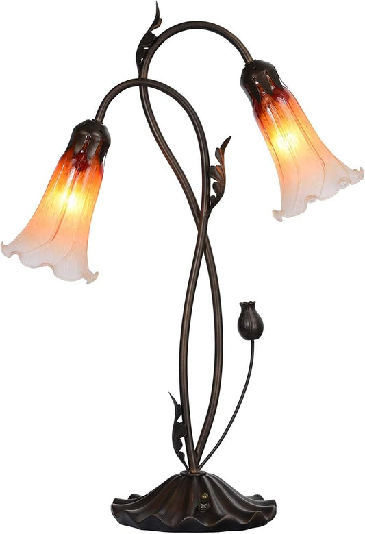 Bieye L10698 Lily Flower Blown Glass Accent Table Lamp for Living Room Bedroom Decoration (2-Light, Orange)