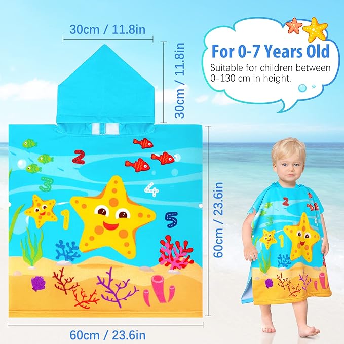 HUANLANG Kids Hooded Beach Towel for Boys Girls,Bath Pool Beach Poncho Towels Super Soft & Absorbent Cotton Towel Childrens Starfish Beach Towels for Toddler 0-7 Years Old