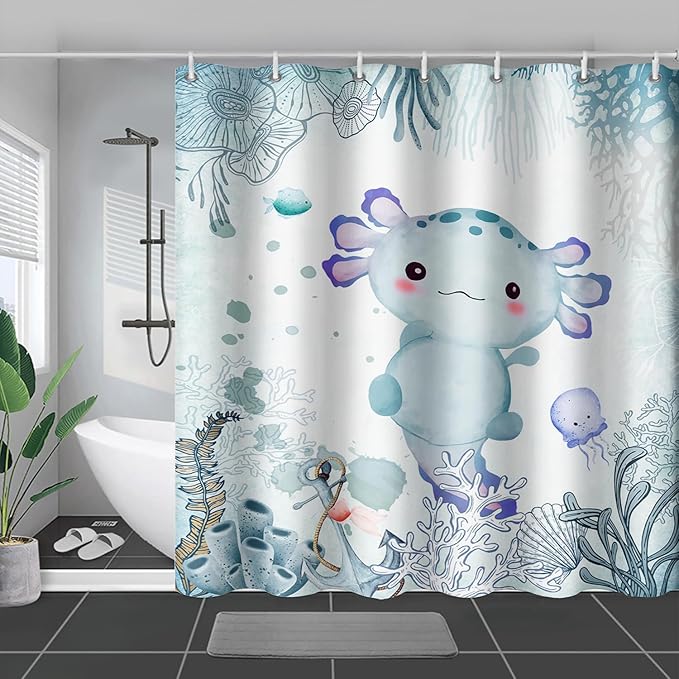 AILONEN Cute Axolotl Shower Curtain for Bathroom Teal Blue Ocean Beach Coastal Bath Curtain Decor 72" W*78" H Polyester Fabric Waterproof Bathroom Curtain with 12 Hooks