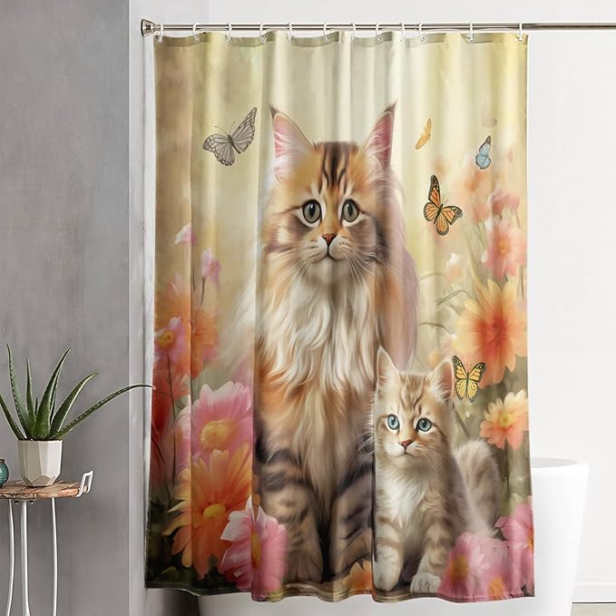 AILONEN Cartoon Kawaii Cat Shower Curtain for Kids Girls, 3D Cat Mum and Son with Flower Shower Curtain for Bathroom Decor,Cat Lovers Animal Waterproof Shower Curtains Sets with Hooks,48" W*72" H