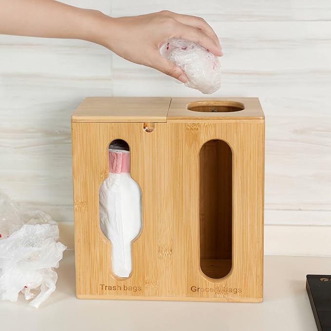 Trash Bag Dispenser & Grocery Bag Holder -2 in 1-Bamboo Plastic Bag Holder with Large Storage Capacity and Wall-Mounted Design, Grocery Garbage Bag Organizers for Kitchen and Laundry Room Organization
