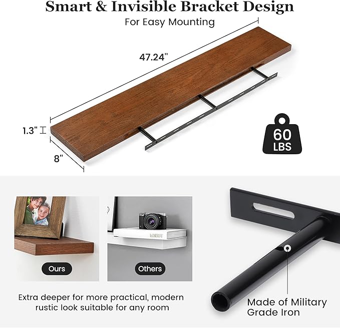 Fun Memories Floating Shelves, 8 Inch Deep Floating Shelves, Natural Oak Wood Floating Shelf 48 Inch Long, Rustic Wooden Wall Shelves for Home Storage, 48" W x 8" D, Walnut Oak Color, Set of 1