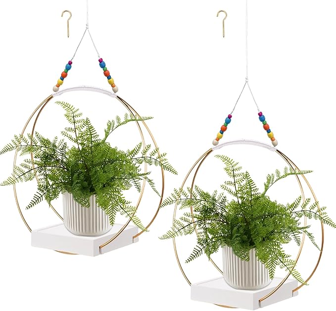 Hanging Planters for Indoor Plants,Plant Hanger with Sturdy Wood Base,Modern Boho Macrame Plant Hanger,Wall Ceiling Window Stands(Plants/Pots Not Included) (2 Pack/Gold+Macrame)