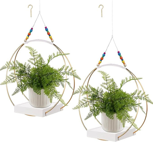 Hanging Planters for Indoor Plants,Plant Hanger with Sturdy Wood Base,Modern Boho Macrame Plant Hanger,Wall Ceiling Window Stands(Plants/Pots Not Included) (2 Pack/Gold+Macrame)