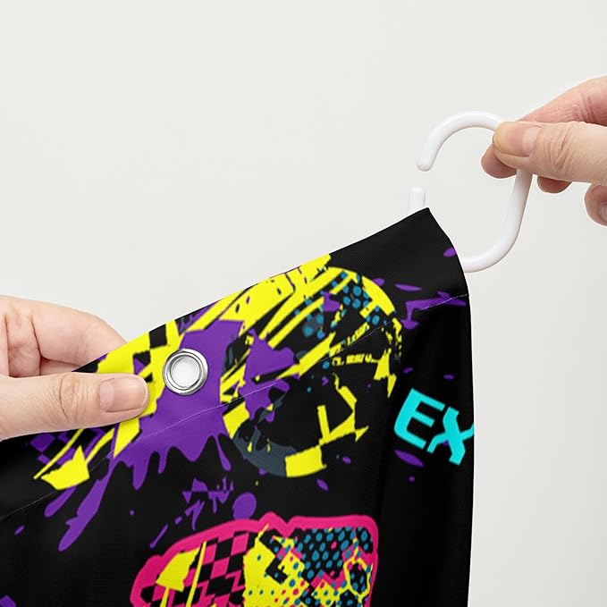 AILONEN Motocross Shower Curtain,Motorcycle Racer Bath Curtain,Extreme Sports Decoration,Colorful Graffiti Dirt Bike Shower Curtain for Kids Boys,Black Washable, 60" W x 72" H