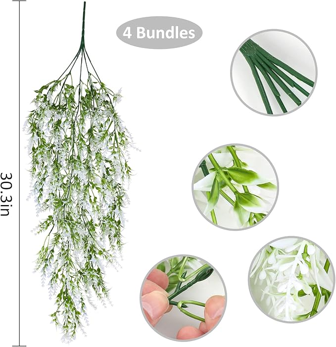 RECUTMS Hanging Flowers Lavender UV Resistant Artificial Plants for Indoor Outside Garden Porch Window Box Home Wedding Farmhouse Decor, 4 Pieces (White)