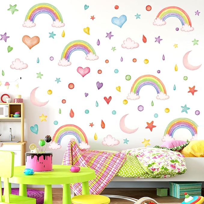 Watercolor Rainbow Wall Decor Stickers Small Rainbow Wall Decal Rainbow Heart Moon Wall Stickers for Girls Boys Baby Bedroom Nursery Wall Decor