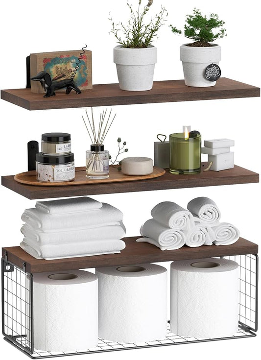 WOPITUES Bathroom Shelf Over Toilet, Floating Bathroom Shelf Wall Mounted with Wire Basket, Floating Shelf for Wall Décor-Rustic Brown