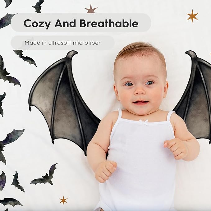 Horaldaily 2 Pack Fitted Crib Sheet for Boys Girls,Soft Breathable Washable Jersey Microfiber Baby Crib Sheet, Fits Standard Size Crib Mattress 28in x 52in, Bats Pumpkin Nursery Sheet Sage Black/White