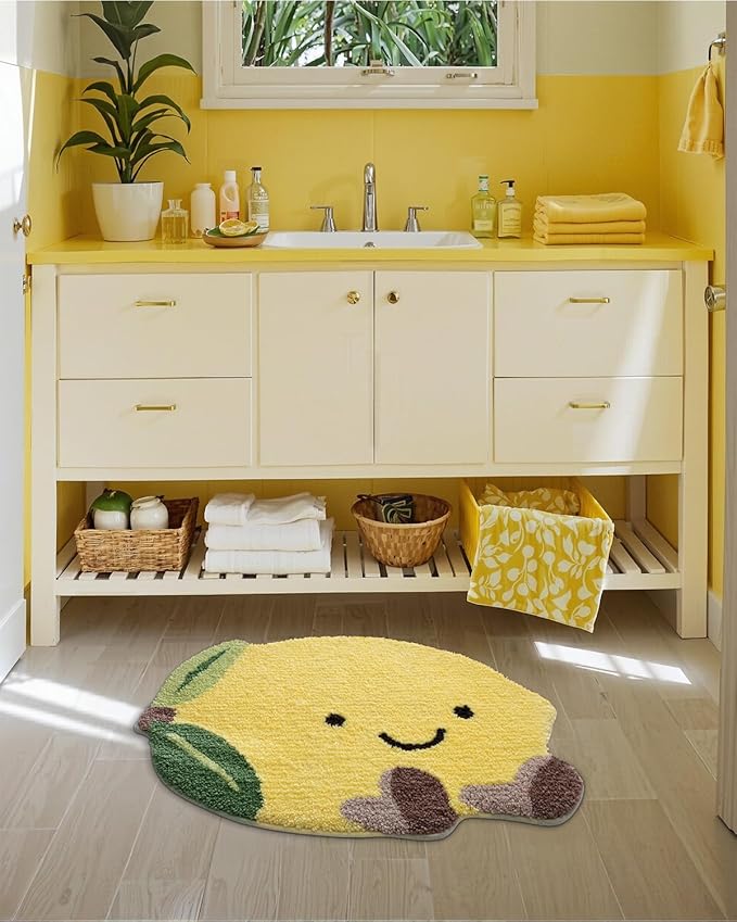 LUMI Cute Bathroom Rugs, Funny Fruit Rug, Soft Plush Fluffy Yellow Bath Mat, Absorbent, Non-Slip for Bathroom, Kitchen Sink, Bedroom, Kid's Bedroom, and Living Room, 19.5"x23.5", Lemmy