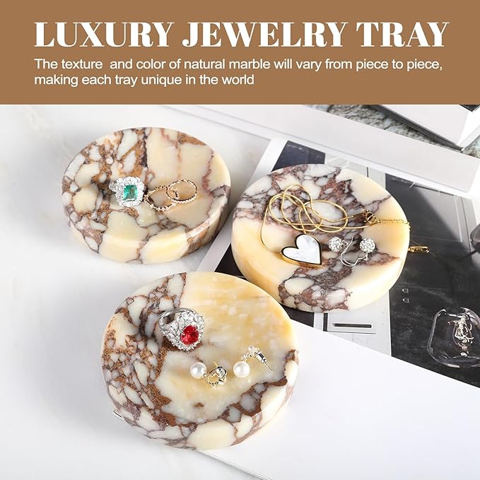 Koville Luxury Italy Calacatta Viola Marble Jewelry Dish, Small Round Trinket Dish for Ring Necklace Earring, 4" Marble Decorative Tray, Aesthetic Home Table Decor