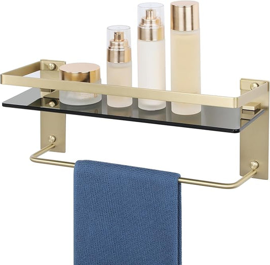 Alise Bathroom Shelves Glass Shelf with Bar,Wall Mount Floating Shelves for Bathroom,1 Tier Tempered Glass Holder Storage Organizer,SUS304 Stainless Steel Gold and Black GDL2001-GB