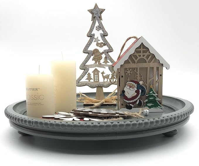 Round Wood Decorative Tray, Small Beaded Tray for Dresser Coffee Table Kitchen Corner Dinning Table, Modern Round Wooden Tray for Centerpiece (Gray, 13.4''X13.4'')