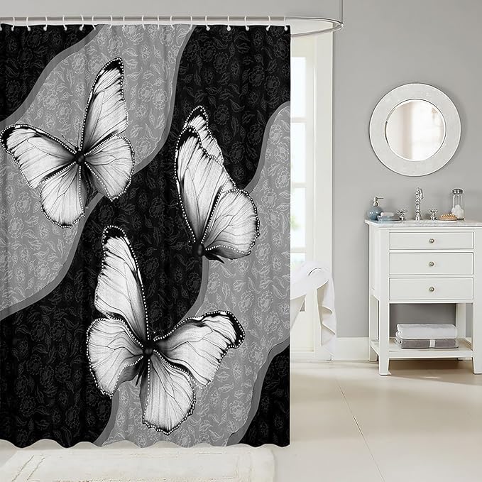 Feelyou Butterfly Shower Curtain 72"x84" Kids Butterflies Botanical Floral Print Bathroom Shower Curtain Set for Boys Girls Teens Geometric Stripes Bath Curtain Black White Bathroom Accessories