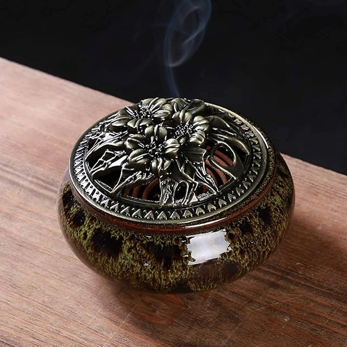 Ceramic Incense Burner with Incense Stick Holder + Insulation use for Stick or Coil Incense, Sage Cones and Frankincense (Fambe Green)