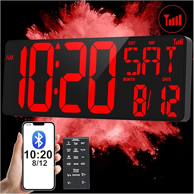 XREXS 17.2" Large Digital Wall Clock Bluetooth Sync Time, Precise Atomic Clocks with Remote Control, Adjustable Dimmer Grandfather Clock, Temperature for Bedroom, Desk Alarm Clock for Elderly