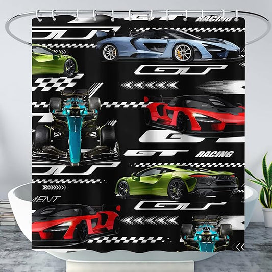 AILONEN Boys Racing Car Shower Curtain,Extreme Sports Car Bath Curtain for Kids Teen,Cool Speed Car Racer Waterproof Black Curtain for Bathroom Decor, 60" W x 72" H