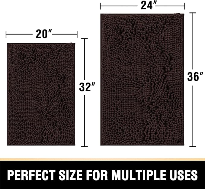 H.VERSAILTEX Bathroom Rugs Bath Mats for Bathroom Non Slip Luxury Chenille Bathroom Rugs Extra Soft Absorbent Shaggy Bathroom Mat Rugs Washable Fast Dry 2 Piece (Chocolate, 24" x 36"/20" x 32")