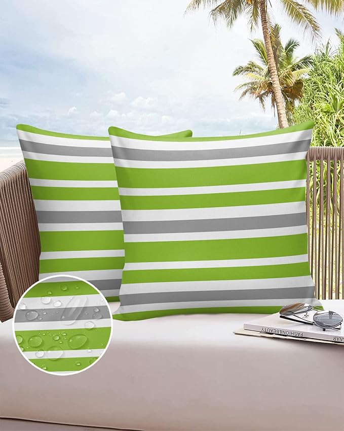 Outdoor Waterproof Throw Pillow Covers Set of 2 Grey Green Stripes Decorative Outdoor Pillows Cushion Case 26x26 Inch Classic Striped Patio Pillows for Couch Sofa Bed Garden Office Home Decor