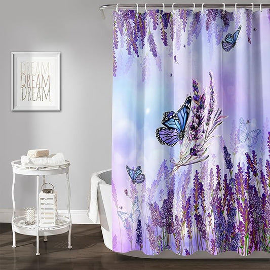 AILONEN Flying Butterfly Shower Curtain for Girl Women,Purple Lavender Flower Butterfly Floral Decor Bath Curtain 72" W*78" H Polyester Fabric Waterproof Bathroom Bathtub Curtain with 12 Hooks