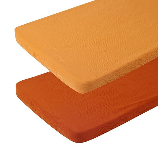 Muslin Travel Crib Sheets 24" x 42" Compatible with Guava Lotus Travel Crib, Baby Bjorn Travel Crib Light, Dream On Me Travel Light Playyard Mattress, 2 Pack Yellow and Brick
