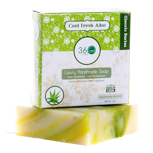 360Feel Cool Fresh Aloe Soap - Handcrafted Castile Bar Soap with Soothing Scent - Handmade with Essential Oils - Ideal Gift for Anniversaries, Weddings, and Holiday Stockings - Rich Lather - 5 Ounce