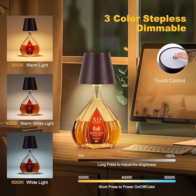 Wireless Bottle Lamp, 2025 New 3 Color Rechargeable Wine Bottle Lights for Bars Restaurants (Brown, 1PC)